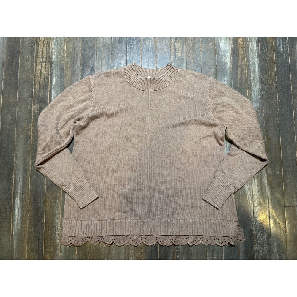 LOGO Lori Goldstein Taupe Brown Mock Neck Eyelet Lace Trim Sweater
